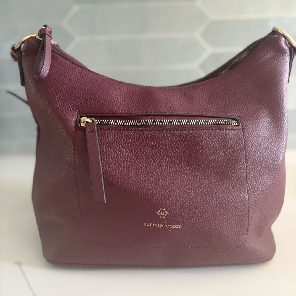 Nanette Lapore Double Zip Leather Hobo Purse In Wine/Burgandy